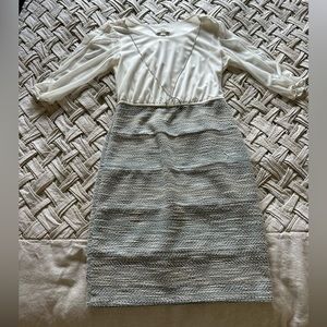 High waisted Grey-tweed and creme polyester dress with attached necklace. Size M